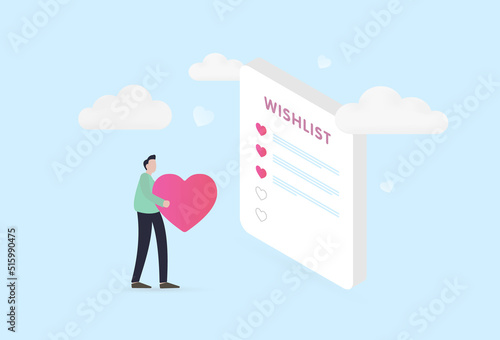Add to wishlist concept illustration. The character carries a heart as a metaphor for adding a product or service to your favorites wishlist photo