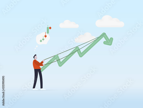 Position growth in the financial stock or crypto market. Businessman, trader character is trying to break the bullish growth trend. Wrong choice for short or long positions. Liquidation, margin call