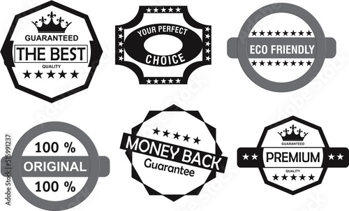 Set of badges icons on products to determine the criteria. illustration certified best quality, eco friendly, original, money back design vector illustration.
