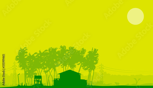 Greenish wallpaper and background with silhouette of natural beauty. There is a village with house  coconut trees  electric post etc. This evening wallpaper can use for green concepts.