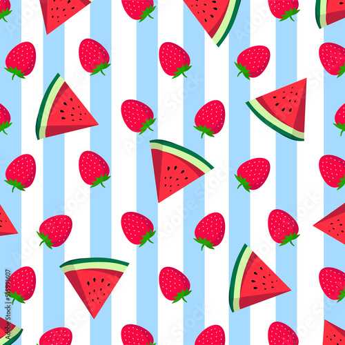 Fruit pattern. jpeg image jpg.Cute fresh mix fruits (Strawberry ,Red watermelon slice) isolated on white background.Design for print screen backdrop ,Fabric and tile wallpaper.Summer concept © RSLN