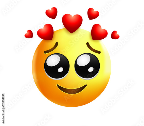 High quality emoticon on white background. Emoji blushing in love with red hearts. Yellow face emoji in love. Popular chat elements. Love emoticon.