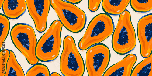 Bright abstract papaya print. Modern hand drawn seamless pattern. Fashionable template for design.