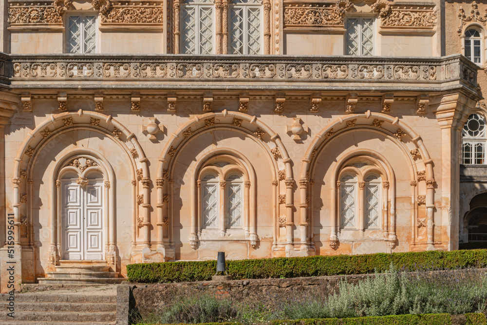 Facade detail of the Palace of Bucaco with garden in Portugal. Palace was built in Neo Manueline style between 1888 and 1907. Luso, Mealhada