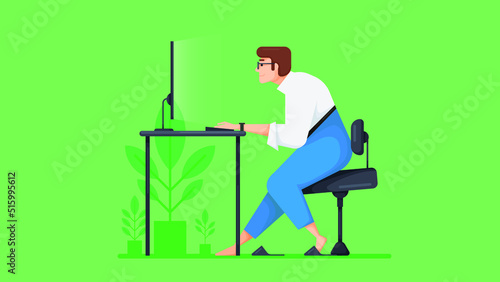 Man sitting at a desk and working on the computer, side view. Work from home concept. vector illustration