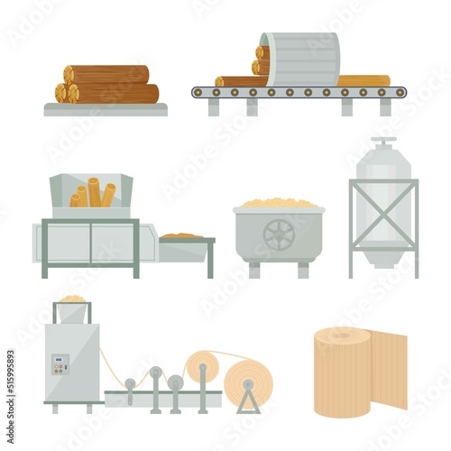 Paper Production. industry stages of making paper from wooden lumbers. Vector cartoon pictures set