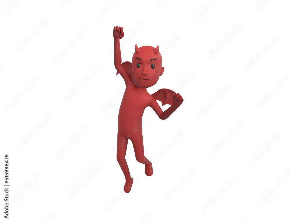 Fototapeta premium Devil character Jumping with smile on face doing winner gesture with fists up in 3d rendering.