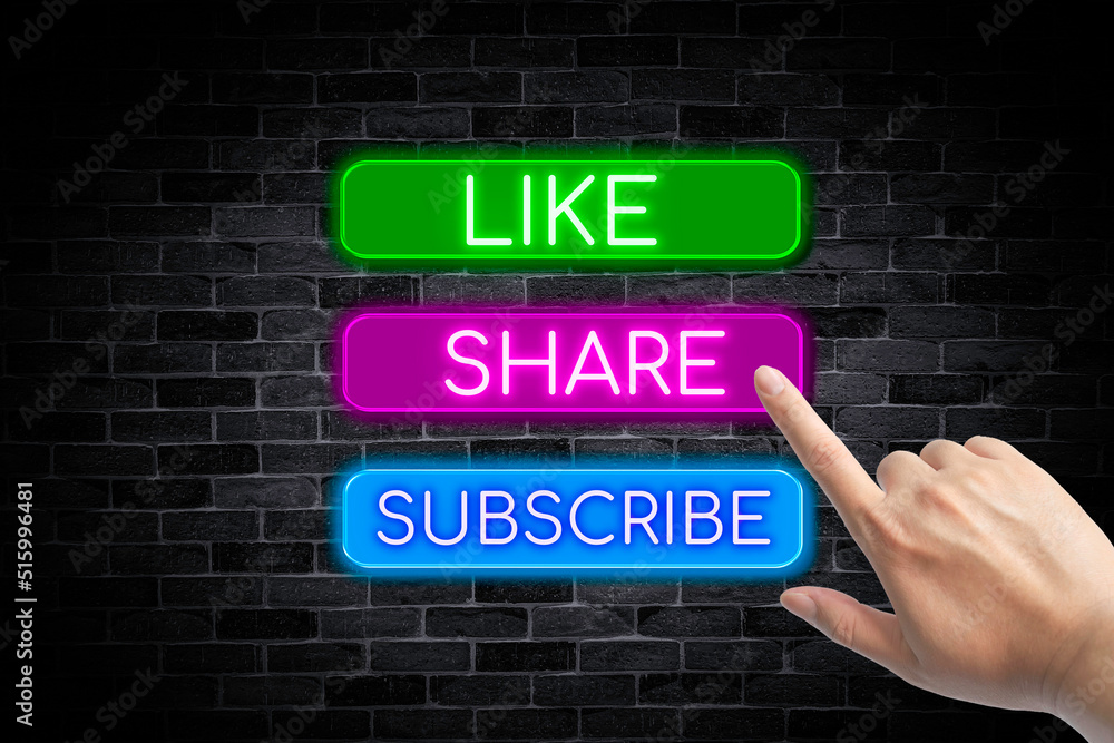 Fototapeta premium Like, Share, Subscribe neon banner with a hand on a brick wall background.