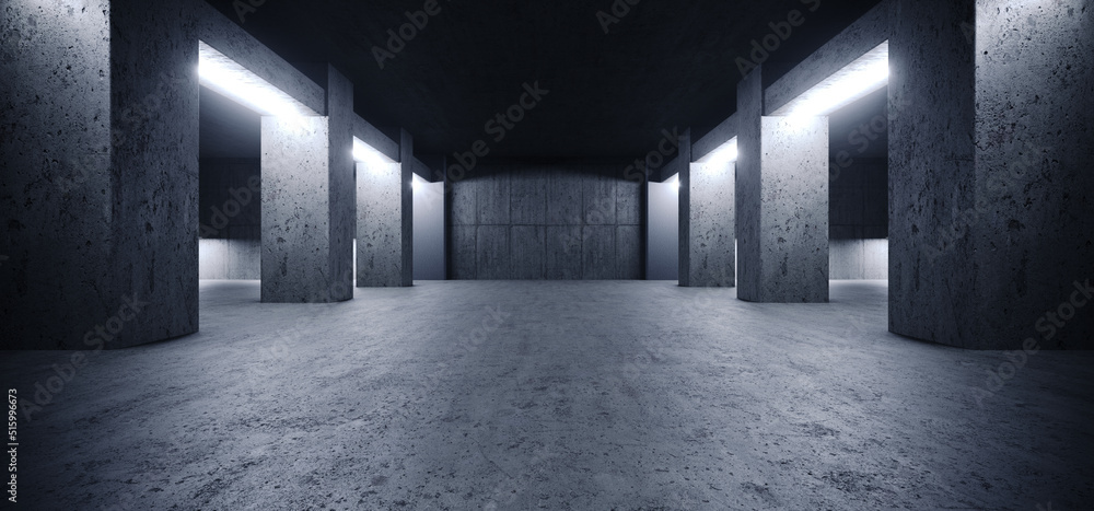 Fototapeta premium Big Rough Concrete Columns Pillars Grunge Asphalt Cement Dark Glowing Lights Underground Studio Hallway Parking Room Bunker Bomb Shelter Basement 3D Rendering