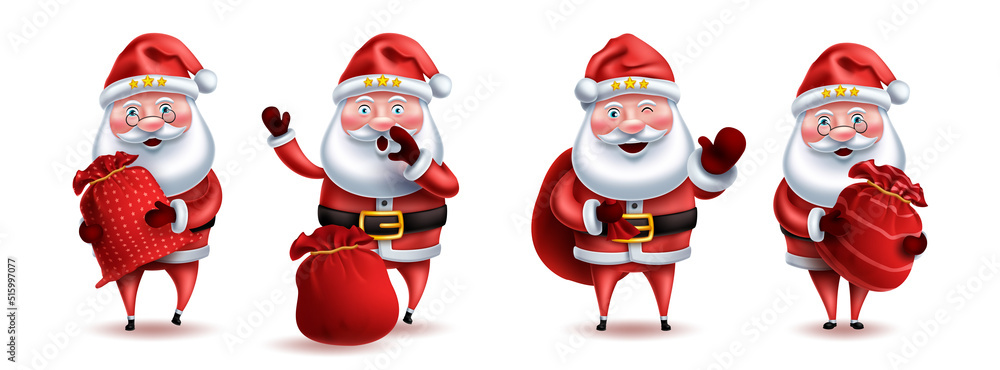 Santa claus character vector set design. Santa claus 3d characters collection holding gift sack isolated in white background for xmas holiday gift giving. Vector illustration.
