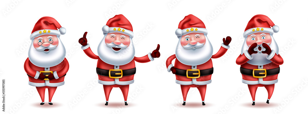 Santa claus christmas character vector set. Santa claus 3d characters in cute and happy expression isolated in white background for xmas collection design. Vector illustration.
