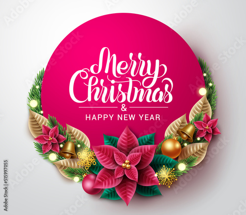 Christmas vector background design. Merry christmas typography greeting text  with xmas elements like poinsettia, ball and bell decoration for holiday season. Vector illustration.

