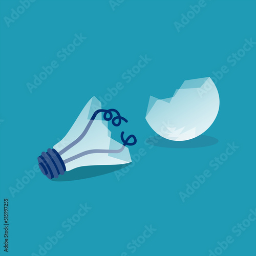 Broken light bulb, isolated on background. Cracked glass. Break lightbulb. Vector illustration flat design. Fragile idea. Broken idea.