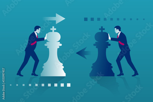 Business competition concept. Businessmen hold chess pieces in hands of punching as a symbol of rivalry, competition, corporate conflict. Vector illustration, flat design. Hitting chess figures.