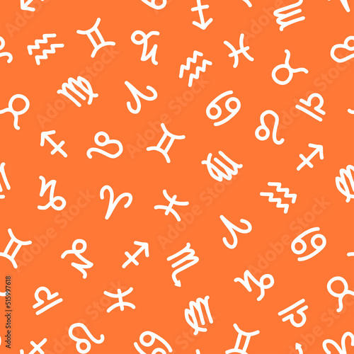 Orange seamless pattern with white zodiac signs