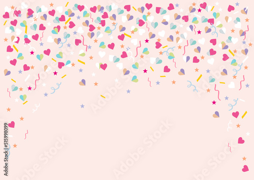 Colorful pastel carnival confetti background. Hearts, stars, circles, ribbons.