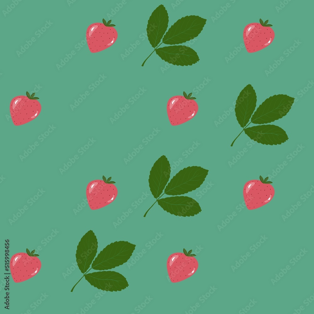 endless background juicy strawberries on green background, hand drawn flat illustration endless background juicy strawberries on green background, hand drawn flat illustration