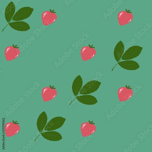 Fototapeta Naklejka Na Ścianę i Meble -  endless background juicy strawberries on green background, hand drawn flat illustration