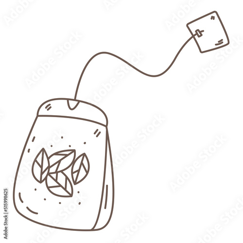 Tea bag with tea leaves in doodle