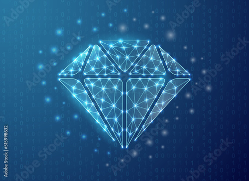 Diamond polygonal symbol with binary code background. Brilliant concept design vector illustration. Blue Jewelry low poly symbol with connected dots