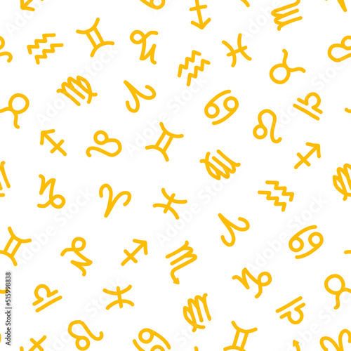 Seamless pattern with yellow  zodiac signs.