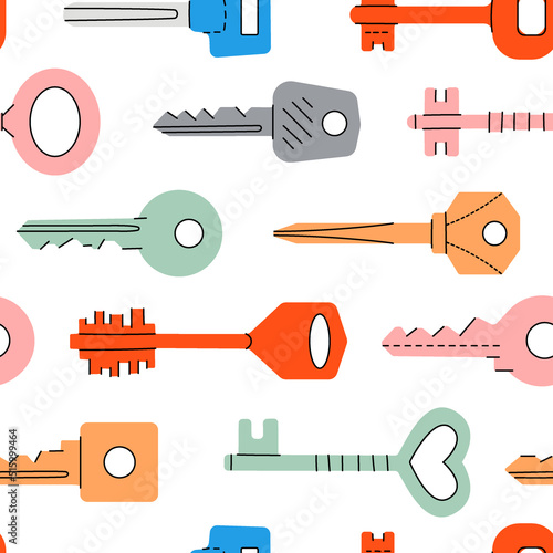 Background of different types door keys. Colored house keys background. Hand drawn key set pattern. Home decoration illustration design