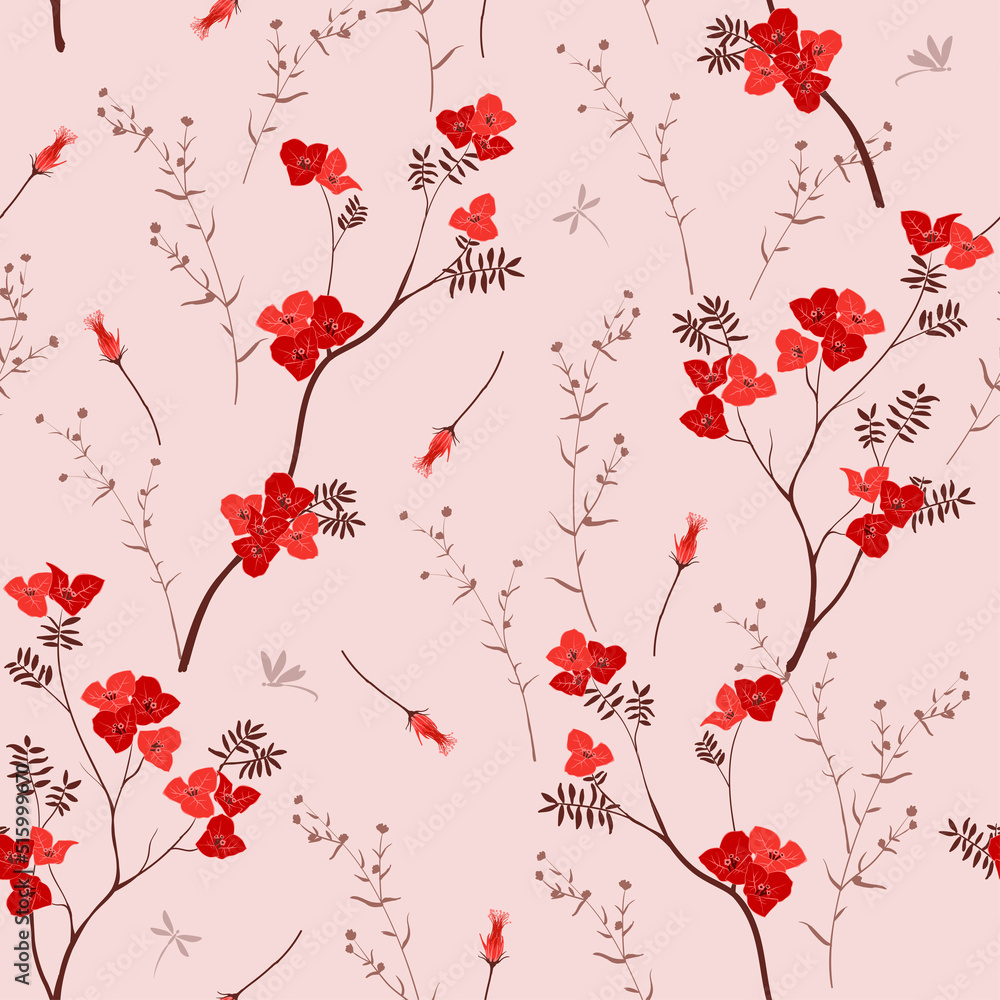 Hand drawn red wild flowers with dragonfly seamless pattern on pastel background