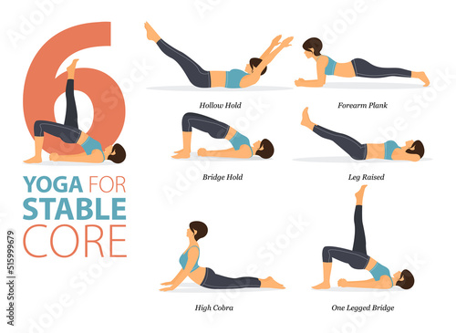 6 Yoga poses or asana posture for workout in stable core concept. Women exercising for body stretching. Fitness infographic. Flat cartoon vector