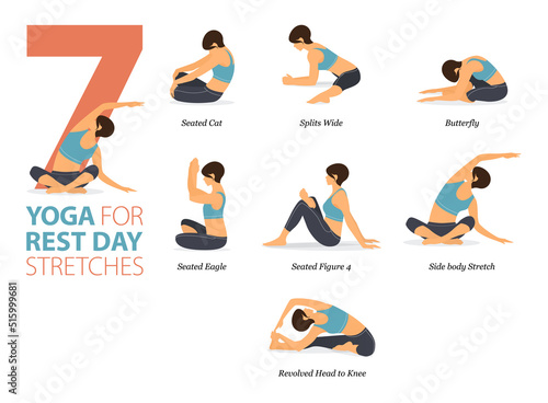 7 Yoga poses or asana posture for workout in rest day concept. Women exercising for body stretching. Fitness infographic. Flat cartoon vector