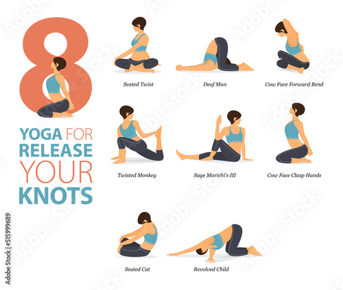 8 Yoga poses or asana posture for workout in release knots concept. Women exercising for body stretching. Fitness infographic. Flat cartoon vector