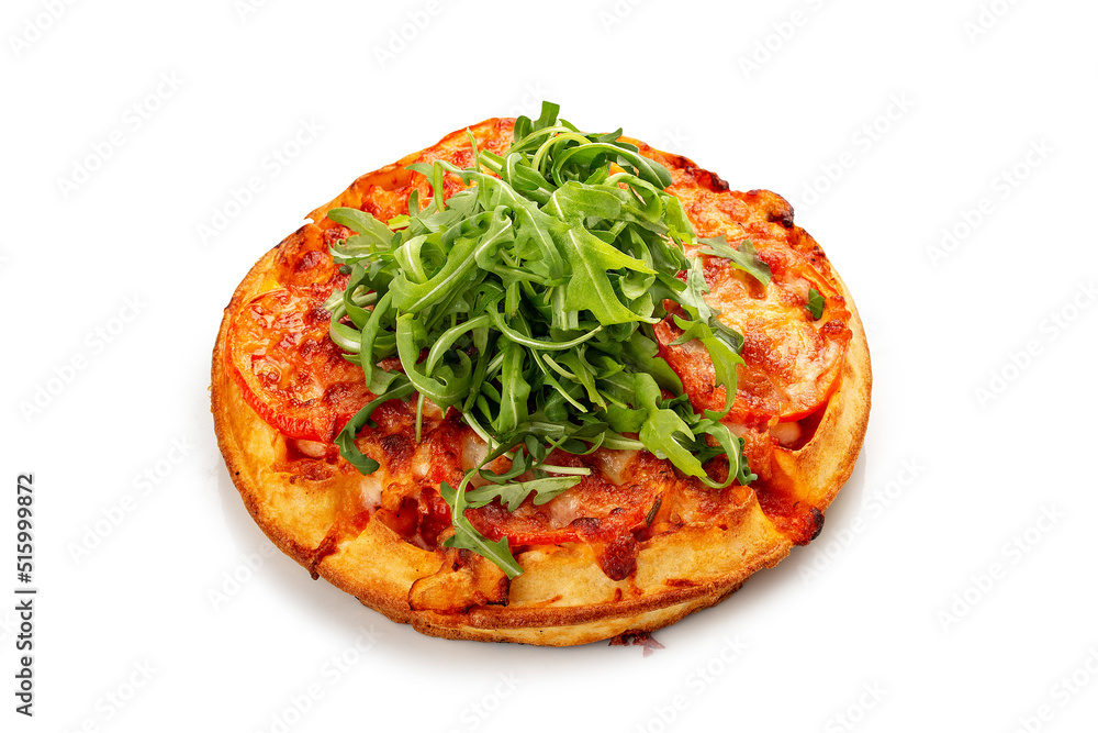 American Round Waffle. With chicken, tomato and mozzarella. On a white background, isolated. American Round Waffle. With chicken, tomato and mozzarella. On a white background, isolated.