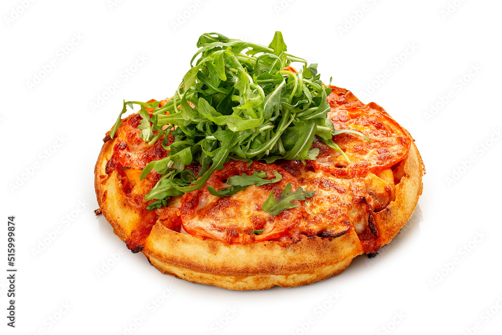 American Round Waffle. With chicken, tomato and mozzarella. On a white background, isolated.