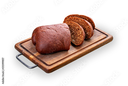Rye flour bread, handmade on a wooden board . On white background, isolated.