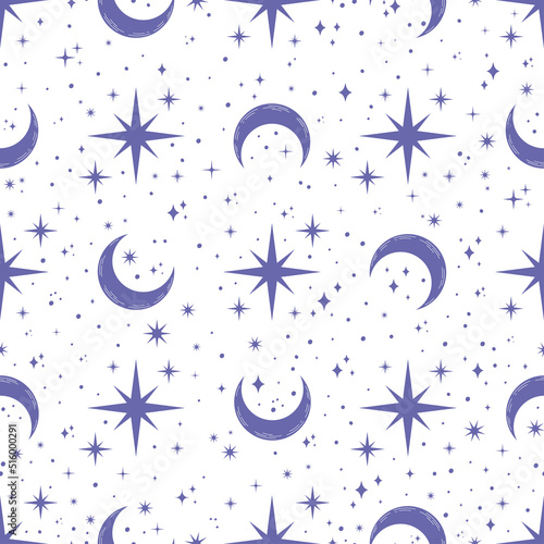 Purple moon and star seamless pattern.