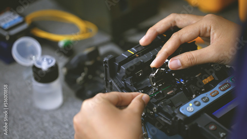 Konstfotografi Fiberoptic Fusion Splicing Technician , Internet cable connection, fiber optic fusion splicing machine