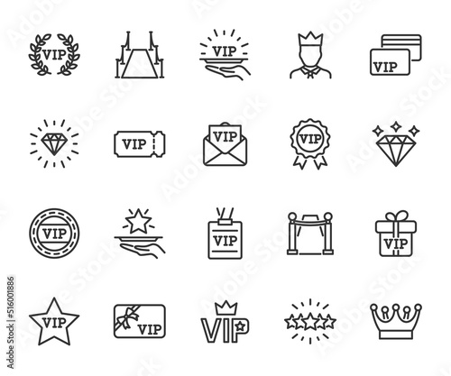 Vector set of vip line icons. Contains icons vip card, exclusive, diamond, vip pass, vip customer, red carpet, vip service and more. Pixel perfect.