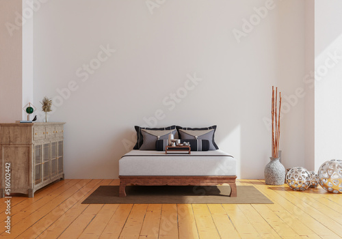 Fototapeta Naklejka Na Ścianę i Meble -  Mockup wall with bed in sleeping room with a white wall..modern living room with bed. scandinavian interior design furniture..bed and plants with white wall. copy space. 3D rendering.
