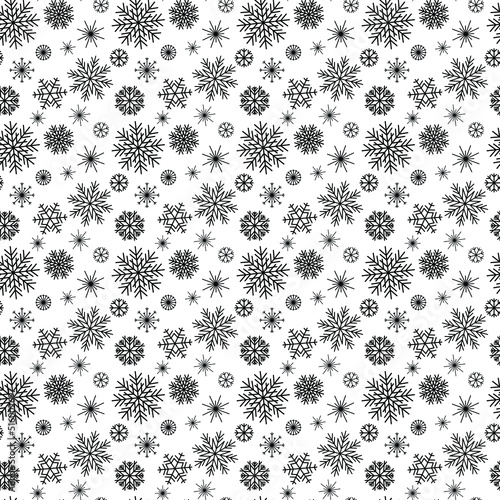 Falling Snowflakes. White background Seamless pattern snowflake Design texture winter season for prints Black snowflakes New Year Repeat. Snow. Snowflake in doodle style Vector illustration Christmas