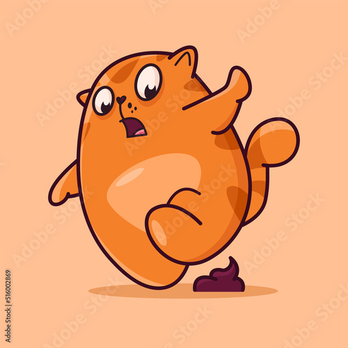 Cute red cat and poop. Demonstrates emotions, surprise, who did it, almost got into trouble. Cat character hand drawn style, sticker, emoji