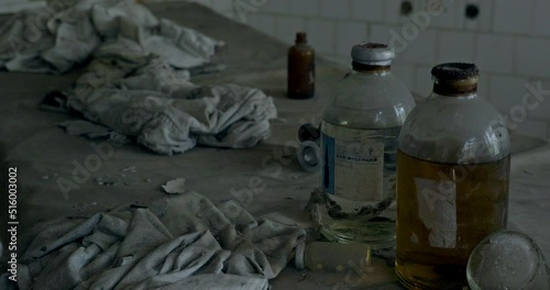 Old dusty bottles with medicine