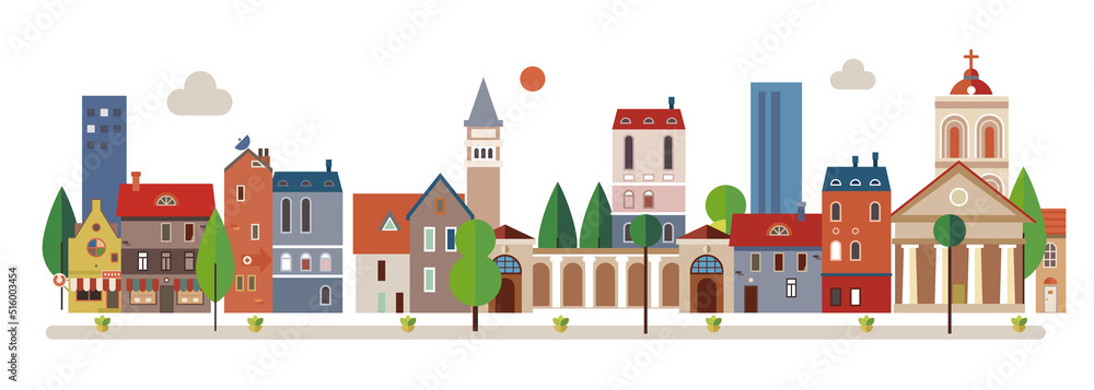 Cute houses, city buildings. Cosy town panorama with home exteriors. Urban street with chimneys, smoke. Flat vector illustration isolated on white background.