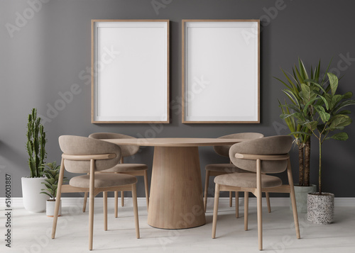 Two empty vertical picture frames on gray wall in modern dining room. Mock up interior in contemporary  scandinavian style. Free space for picture  poster. Wooden table  chairs  plants. 3D rendering.