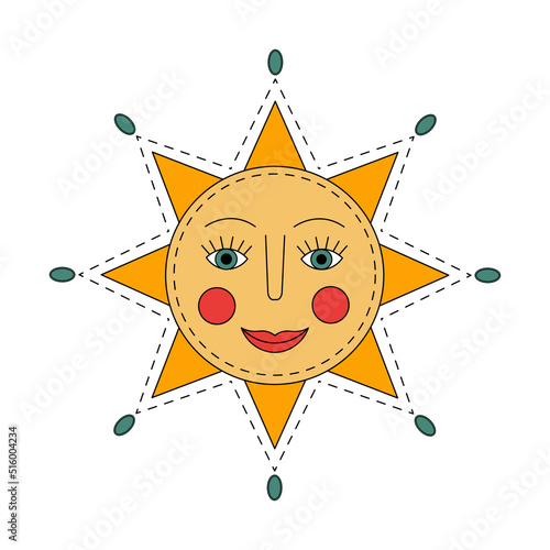 Yellow sun. Russian symbol holiday spring Shrovetide. Ornamental doodle vector illustration for printing, backgrounds, covers, packaging, greeting cards, posters, stickers and textile