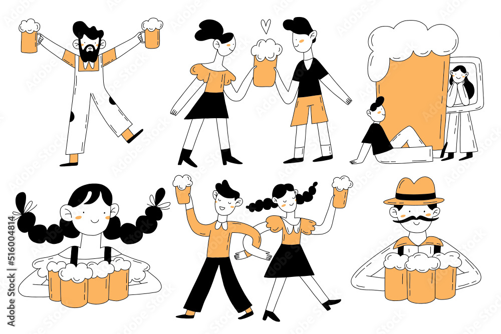 Octoberfest hand drawn outline illustration set. People with beer dancing and smiling. Doodle vector collection.