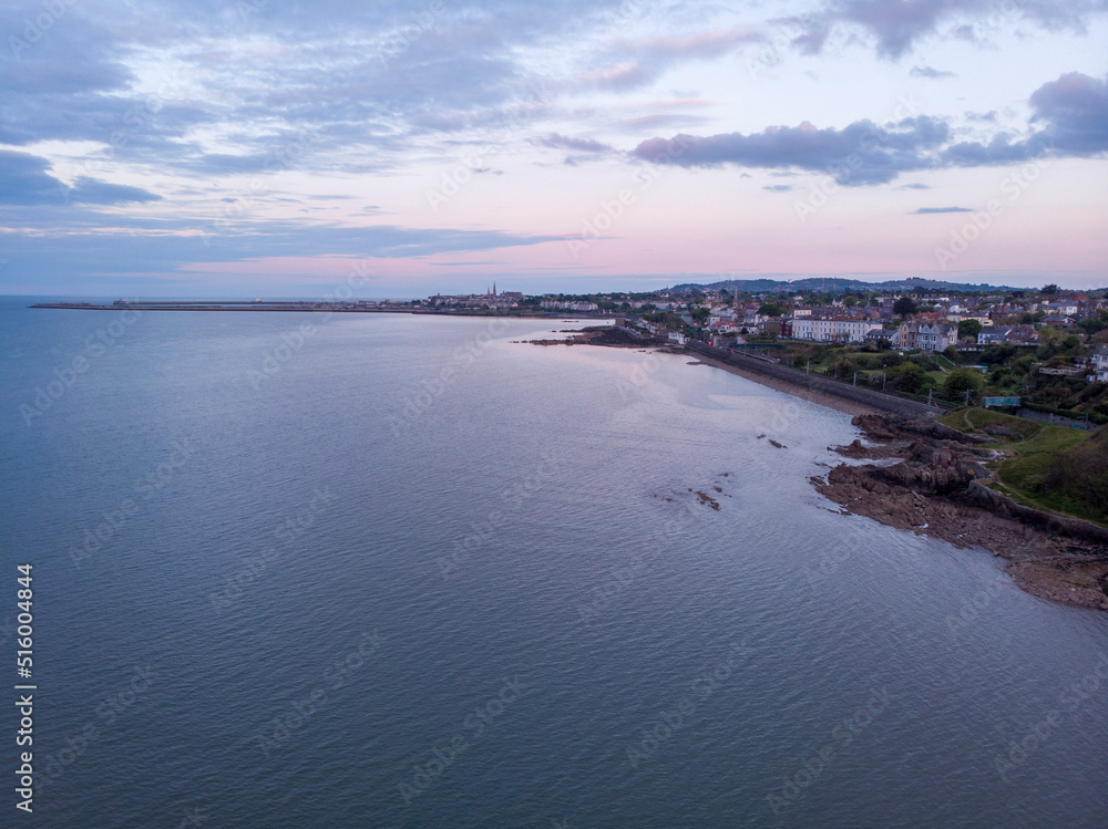 Aerial view of the Dublin coastal landscape during sunset