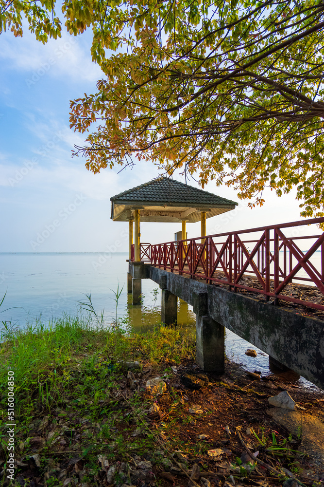 The pavilion for relaxation that extends into the lake. The pavilion for relaxation that extends into the lake.