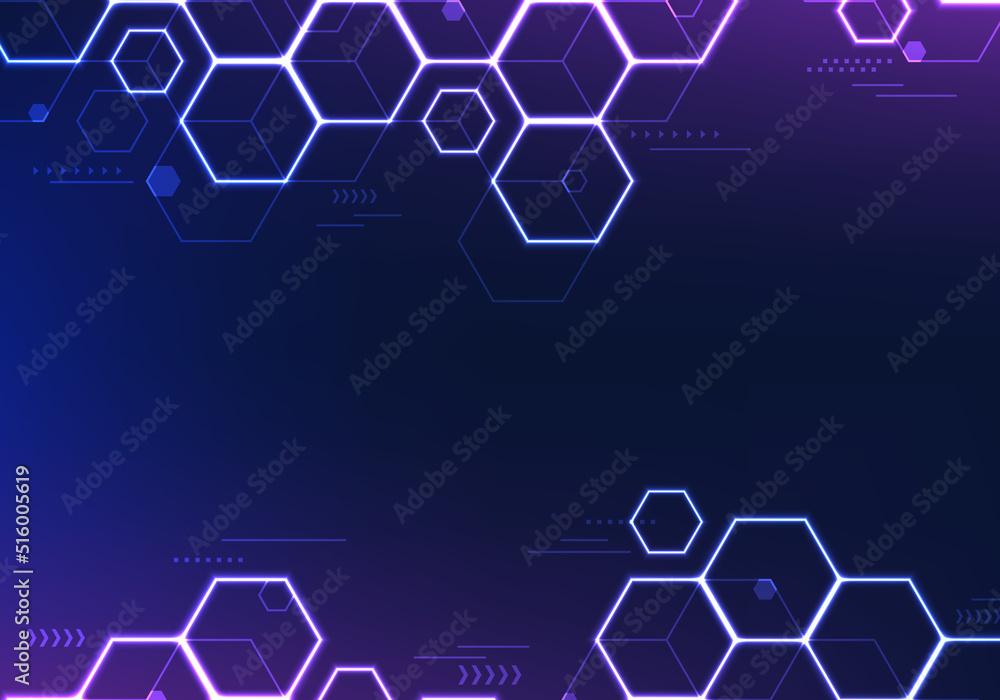Abstract innovation technology background blue and purple neon lighting hexagon geometric pattern Abstract innovation technology background blue and purple neon lighting hexagon geometric pattern