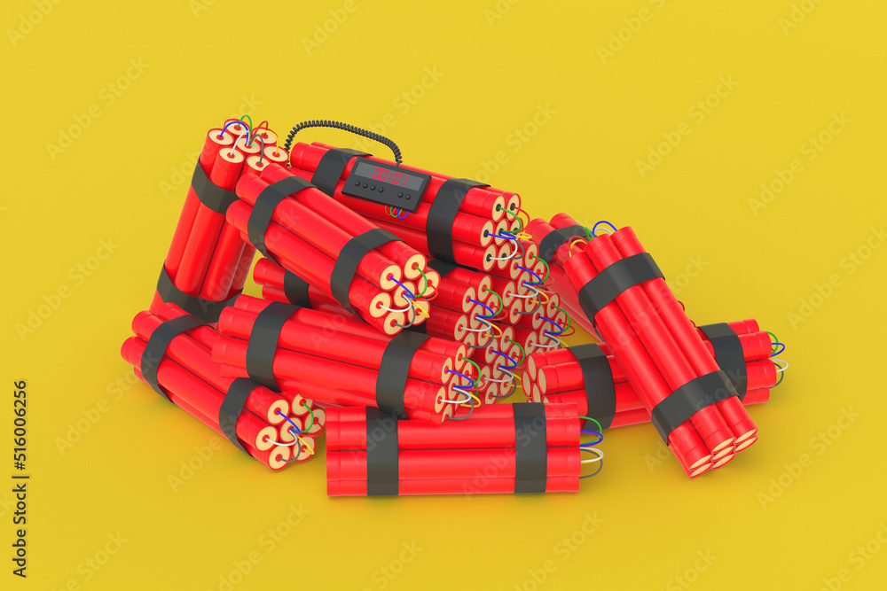 Heap of dynamite bombs with digital timer on yellow background. 3d rendering Heap of dynamite bombs with digital timer on yellow background. 3d rendering