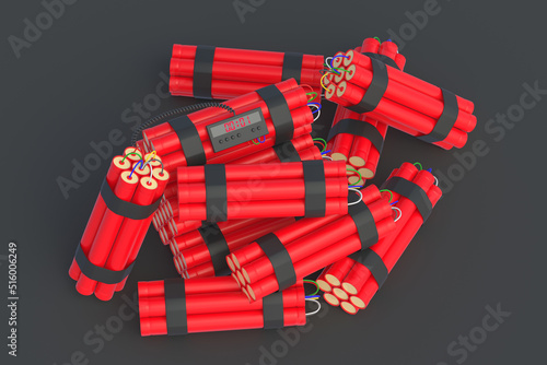 Naklejka Stack of dynamite bombs with digital timer. Countdown and deadline. 3d rendering