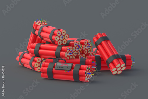 Many dynamite bombs with digital timer on black background. 3d rendering